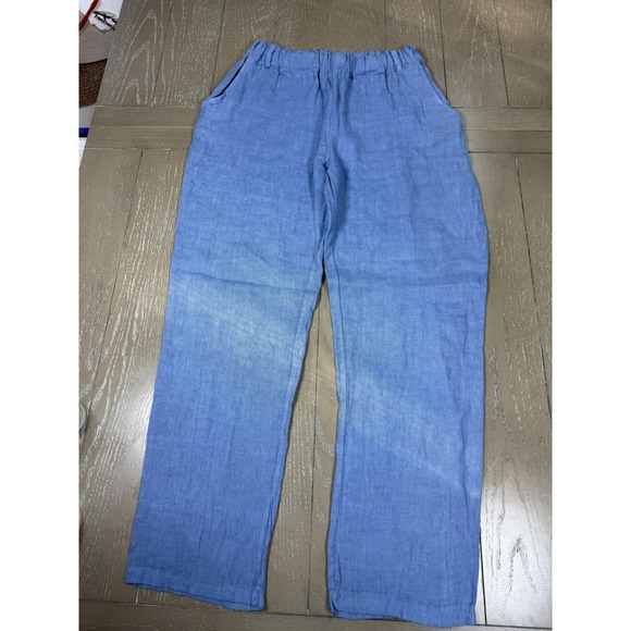 Pro Lino Pants Womens Medium Blue Linen Straight Leg Elastic Waist Made Italy - Picture 4 of 11